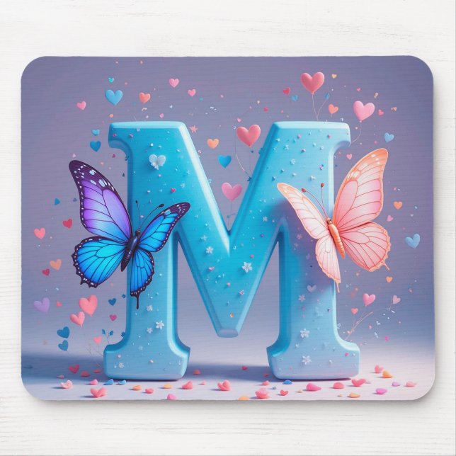 Farbiger Buchstabe M mit Schmetterlingen Mousepad (Vorne)