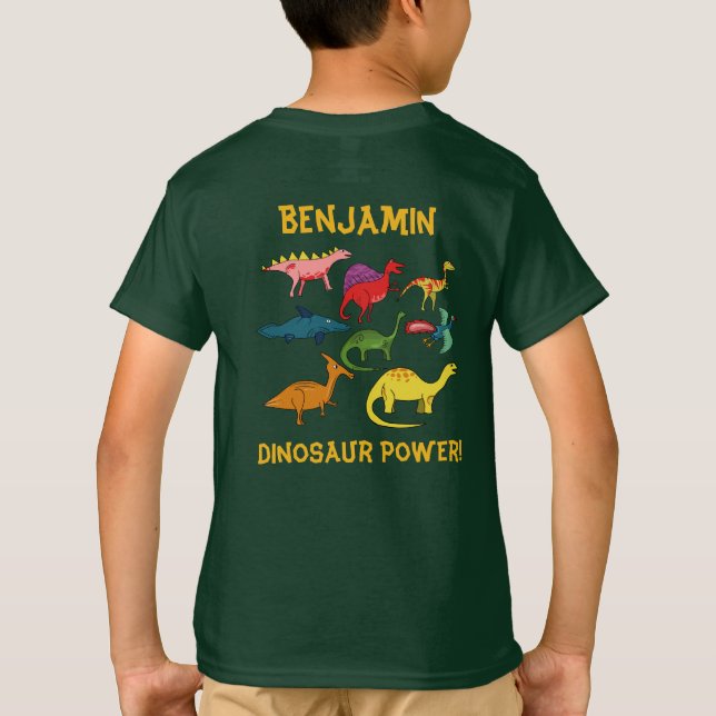 Farbiger Cartoon Dinosaurier mit Individuelle Name T-Shirt (Rückseite)