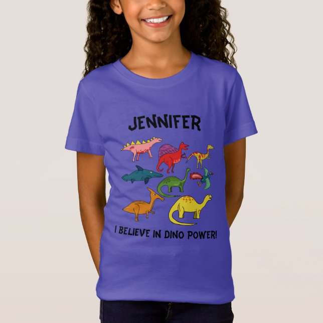 Farbiger Cartoon Dinosaurier mit Individuelle Name T-Shirt (Vorderseite)