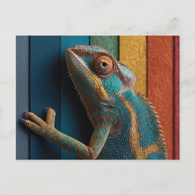 Farbiger Chamäleon auf Regenbogen-Hintergrund Postkarte (Vorderseite)