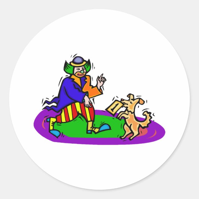 Farbiger Clown mit Hund Runder Aufkleber (Vorderseite)