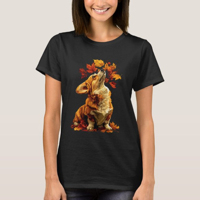 Farbiger Corgi mit Herbstblättern Wald Herbst Ästh T-Shirt (Vorderseite)