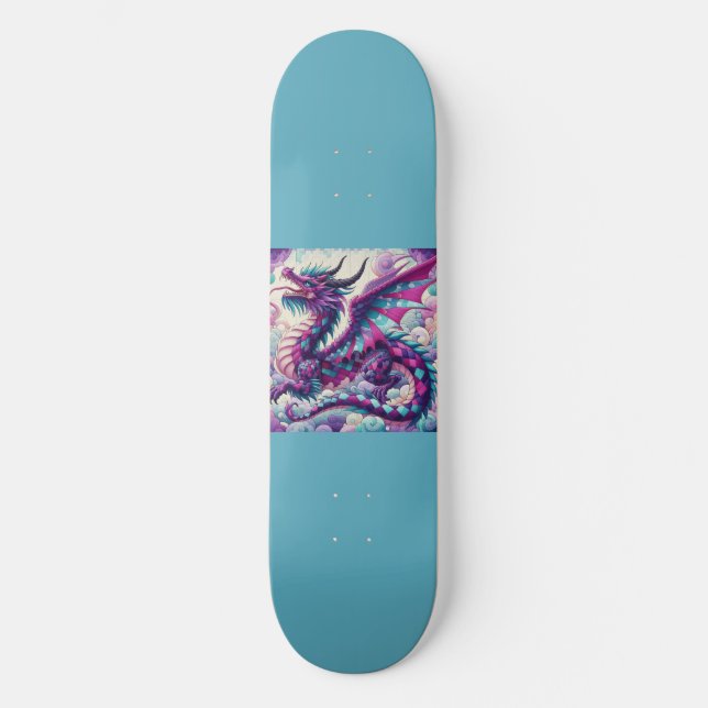 Farbiger Drache mit Aquamarinem Licht Skateboard (Vorderseite)