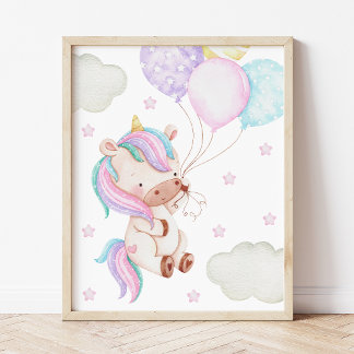 Farbiger Einhorn, Luftballons, Sterne, Mädchen-Kin Poster