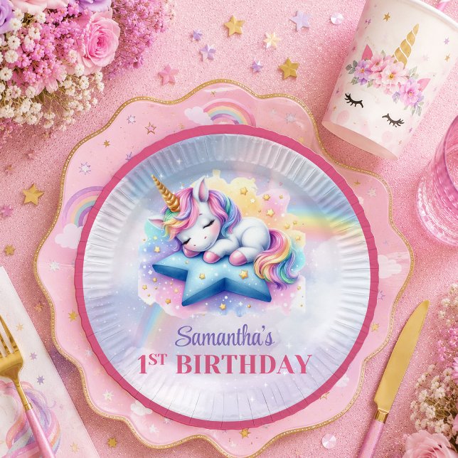 Farbiger Einhorn Magischer Tag Mädchen Geburtstag  Pappteller (Colorful Unicorn Magical Day Girl Birthday Paper Plates

)