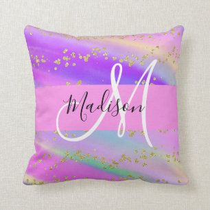 Farbiger Einhorn Regenbogen Gold Glitter Monogramm Kissen