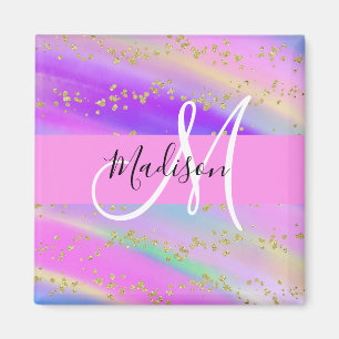 Farbiger Einhorn Regenbogen Gold Glitter Monogramm Magnet