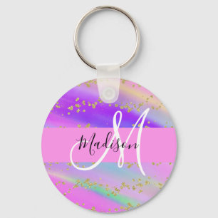 Farbiger Einhorn Regenbogen Gold Glitter Monogramm Schlüsselanhänger