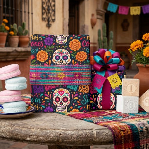 Farbiger El Día de los Muertos Floral Zucker-Schäd Geschenkpapier