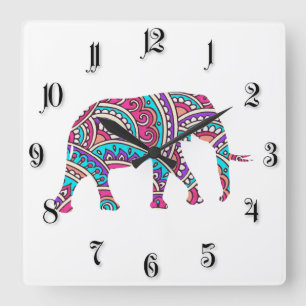 Farbiger Elefant Quadratische Wanduhr