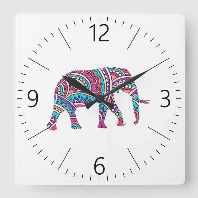 Farbiger Elefant Quadratische Wanduhr (Vorderseite)