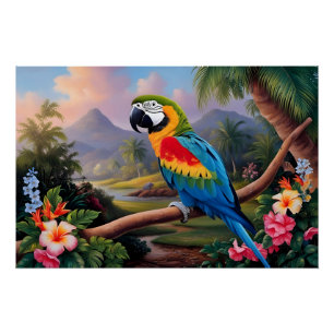 Farbiger exotischer Papageienvogel auf dem Ast Poster