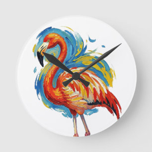 Farbiger Flamingo-Abstrakter-Bürstenstrich-Vogel-K Runde Wanduhr
