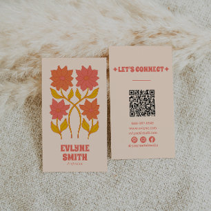 Farbiger floraler QR-Code Groovy Terrakotta Boho Visitenkarte