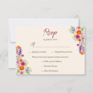Farbiger Gartenblüten-Hochzeitsmenü RSVP Karte