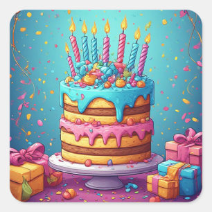 🎂 Farbiger Geburtstagstorte und Geschenke 🎁 Quadratischer Aufkleber