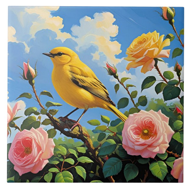 Farbiger gelber Vogel und hübsche rosa Rosen Fliese (Vorderseite)