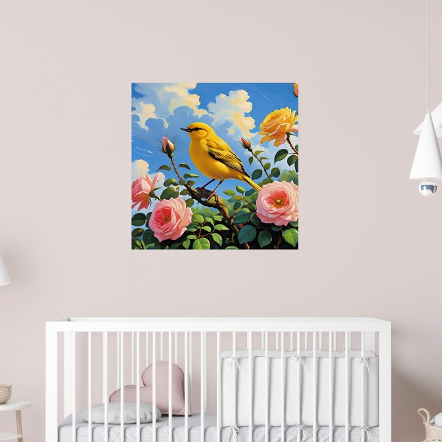 Farbiger gelber Vogel und hübsche rosa Rosen Poster (Kinderzimmer 2)