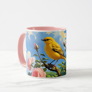 Farbiger gelber Vogel und hübsche rosa Rosen Tasse