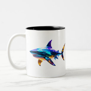 "Farbiger geometrischer Hai – Lebendige Polygon-Ku Zweifarbige Tasse