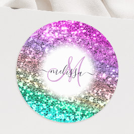 Farbiger Glitzer Mermaid Monogram Name Runder Aufkleber