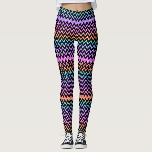 Farbiger Glitzer und Zickzack Schwarz Leggings (Vorderseite)