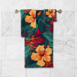 Farbiger Hibiskus, gelb-orange-grüne Blüte Badhandtuch Set
