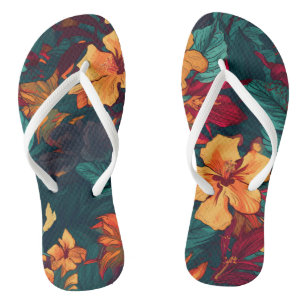 Farbiger Hibiskus, gelb-orange-grüne Blüte Flip Flops