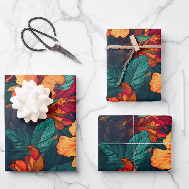 Farbiger Hibiskus, gelbe Orangenblüte, Set von 3 J Geschenkpapier Set (Vorderseite)
