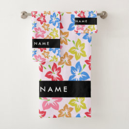 Farbiger Hibiskus, Muster von Blume, Ihr Name Badhandtuch Set