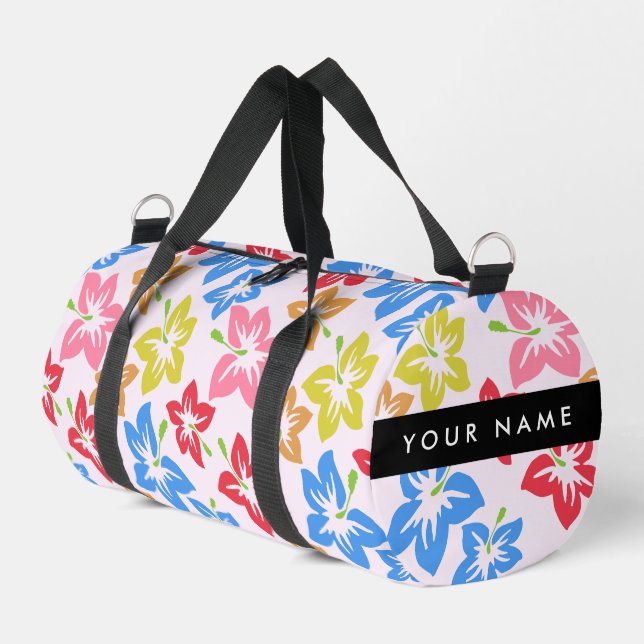 Farbiger Hibiskus, Muster von Blume, Ihr Name Duffle Bag (Linke Seite)