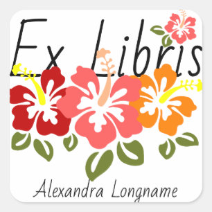 Farbiger Hibiskus Personalisiert Ex Libris Buchzei Quadratischer Aufkleber