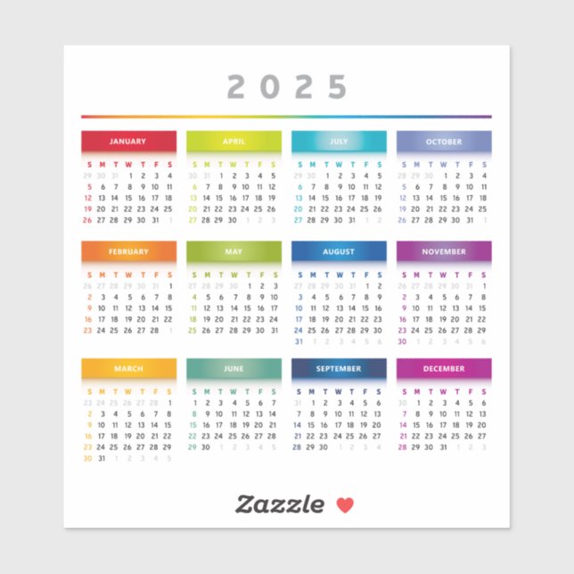 Farbiger Kalender 2025 - Rainbow Colors 3 Spalten Aufkleber (Blatt)