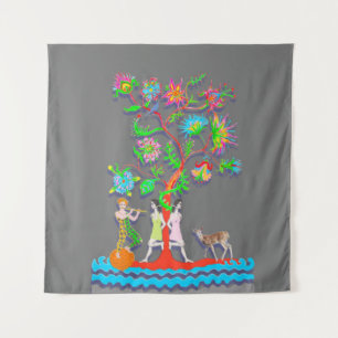 Farbiger Lebendiger Baum mit Figuren Wandteppich