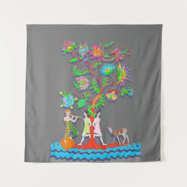 Farbiger Lebendiger Baum mit Figuren Wandteppich (Vorderseite)