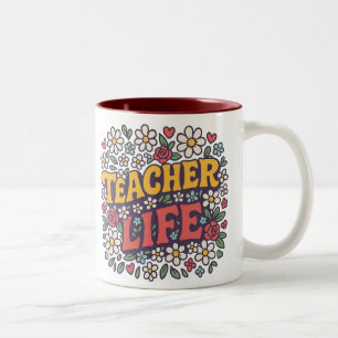 Farbiger Lehrer-Leben-Mug – Retro-Blumendesign für Zweifarbige Tasse