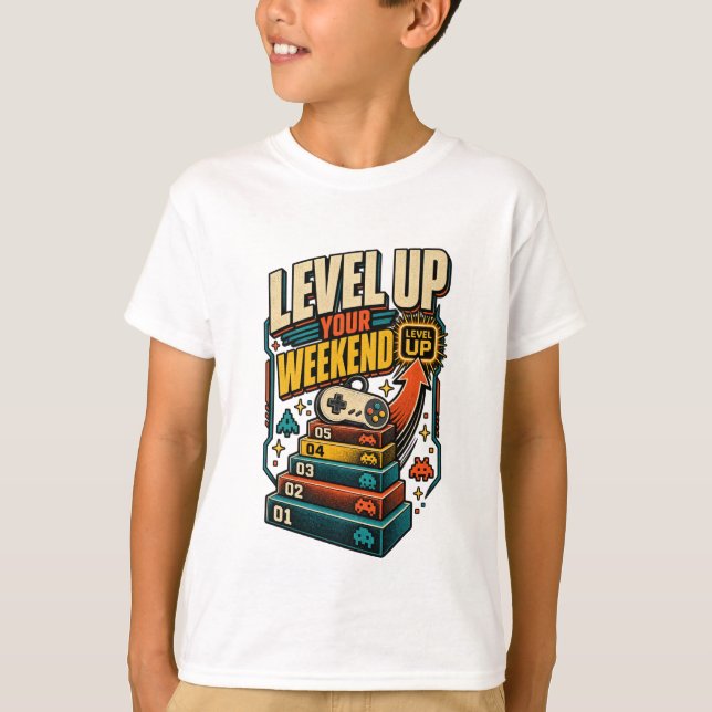 Farbiger Level Up Wochenend-Gamer T-Shirt (Vorderseite)