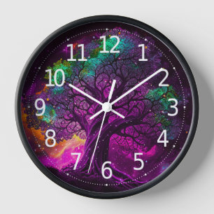 Farbiger Lila-Baum-Sterne-Universum-Kunstwerk Uhr