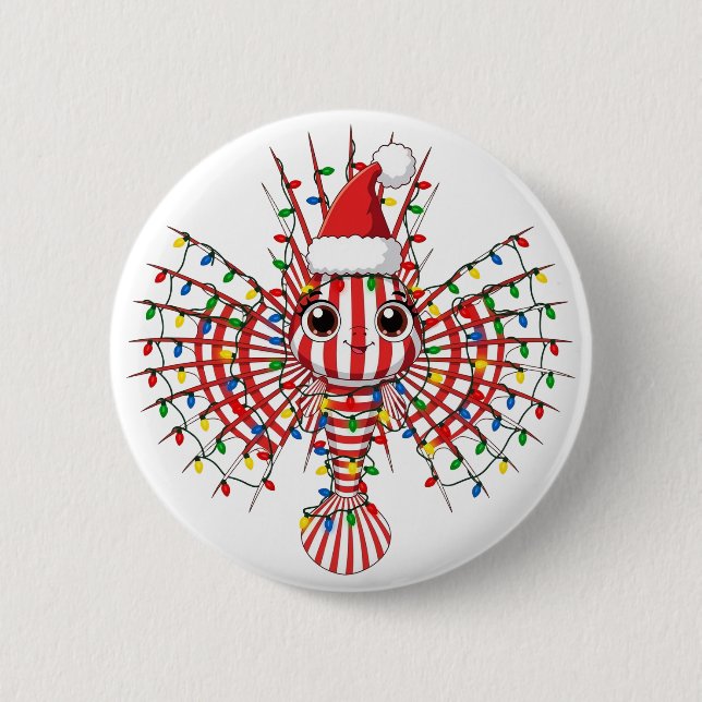 Farbiger Löwenfisch mit Weihnachtsmannmütze  Button (Vorderseite)