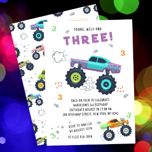 Farbiger Monster-Truck-Dritter Geburtstag Einladung