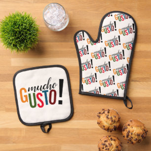 Farbiger Mucho Gusto! Nett, Sie kennenzulernen Ofenhandschuh & Topflappen-Set