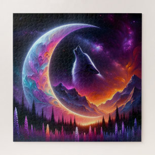 Farbiger Nachthimmel Wolf heult Halbmond Puzzle