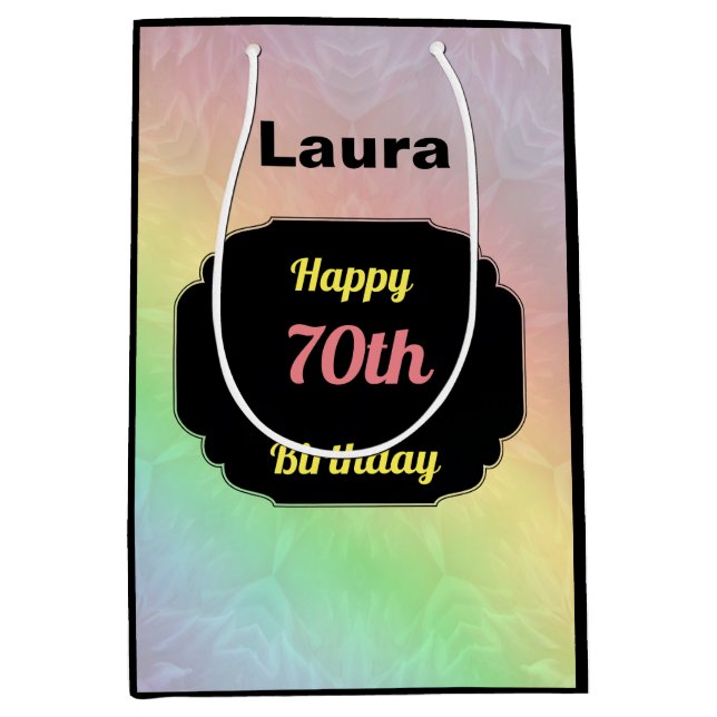 Farbiger Name 70. Geburtstag Mittlere Geschenktüte (Vorderseite)