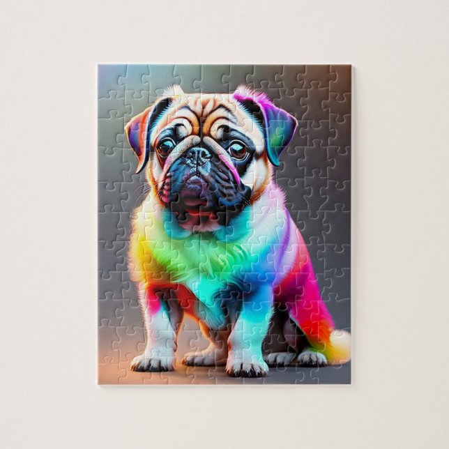 Farbiger Niedlicher Mops mit Regenbogenfarben, Mop Puzzle (Vertikal)