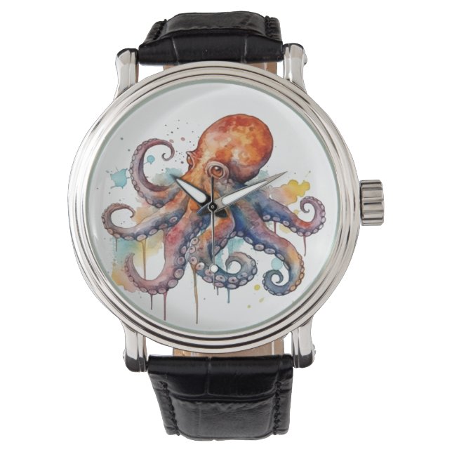 farbiger Oktopus in Aquarellfarbe Armbanduhr (Vorderseite)