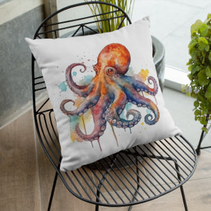 farbiger Oktopus in Aquarellfarbe große Augen Kissen
