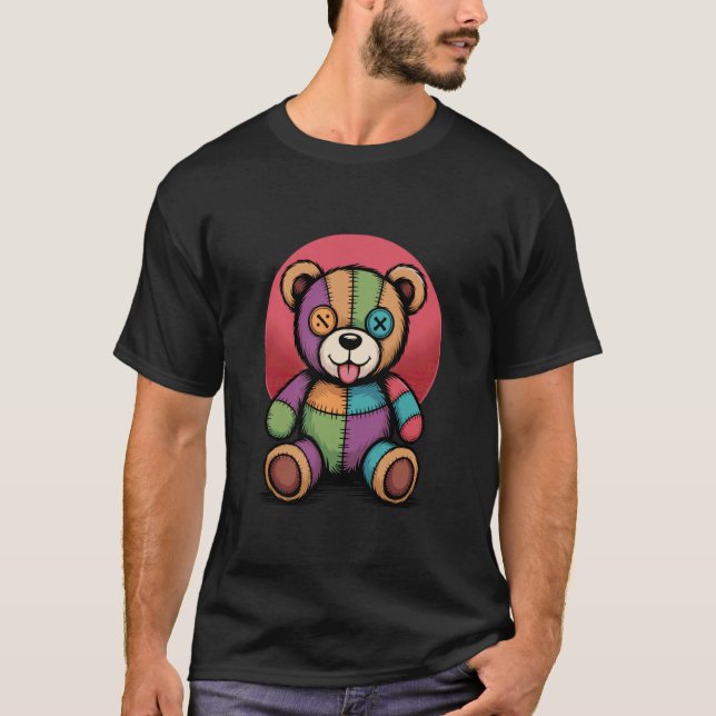 Farbiger Patchwork-Teddybär mit Knopfaugen T-Shirt (Vorderseite)
