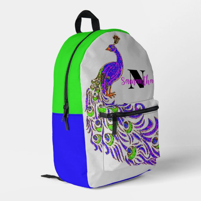 Farbiger Personalisierter Peacock-Rucksack, Bedruckter Rucksack (Rückseitige Ecke links)