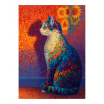 Farbiger Pointillismus-Katze mit Sonnenblumen-Kuns