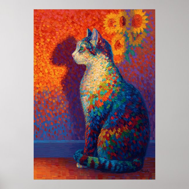 Farbiger Pointillismus-Katze mit Sonnenblumen-Kuns Poster (Vorne)